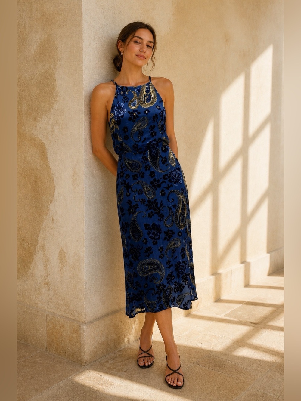 Storia Blue Burnout Velvet Paisley Midi Dress Open Back Size Medium